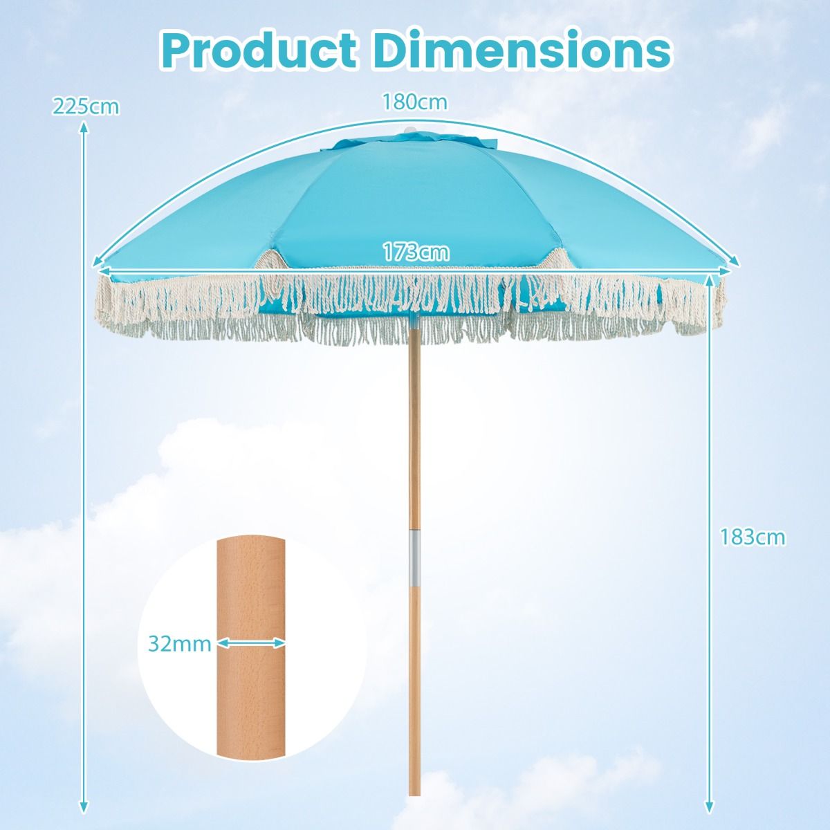 Parasol de jardin Coast à franges - parasol de plage en bois - inclinaison réglable - bleu