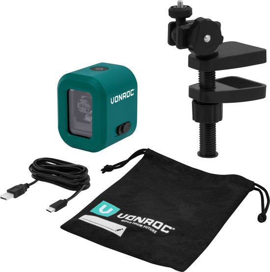 VONROC cross line laser- Vert - Batterie 4V- 1800mah - Nivellement automatique - Portée de 18 mètres - Support de montage, câble USB-C et sac de rangement inclus.