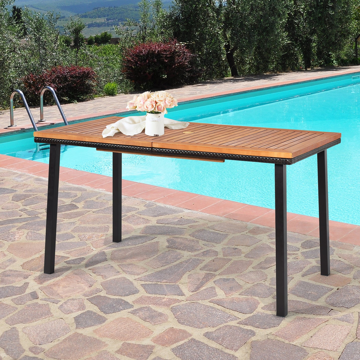 Coast Garden table table de salle à manger avec trou en surplomb table en bois table de patio en bois d'acacia 140 x 75 x 76 cm naturel