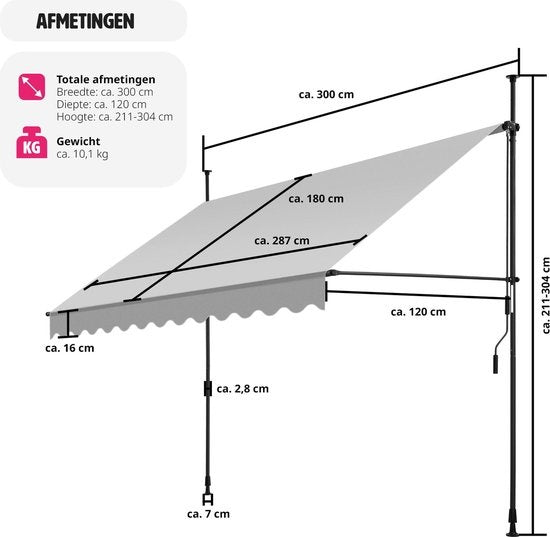 tectake - store à pinces - parasol - store - réglable - store à pinces - parasol balcon - 300 x 180 cm - gris clair - store - 404963