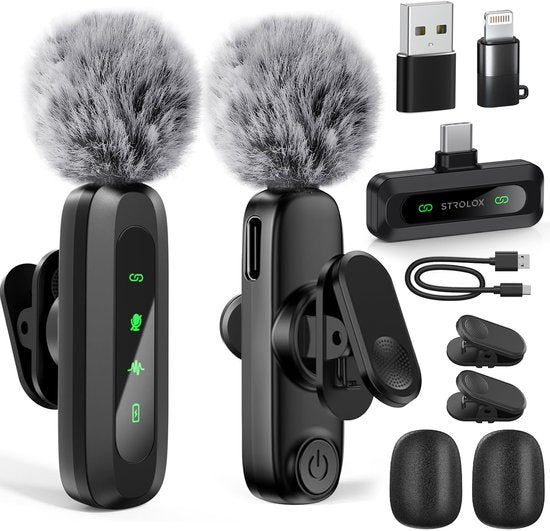 Microphone sans fil Strolox® Pro - Lot de 2 - Micro-cravate - Protège-vent - Épingle de cravate - Batterie longue durée - USB-C/Lightning - Plug & Play