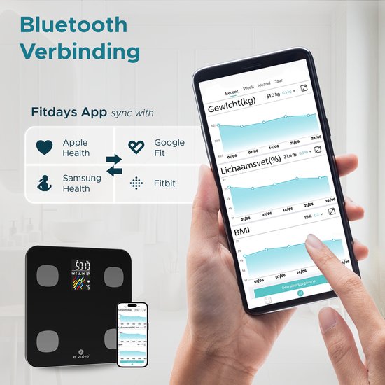 e.volve Scale Personal Scale Digital - 16 mesures - Smart Scale with Body Analysis - Precision Scales - Scales - Digital Scales - Incl. App.