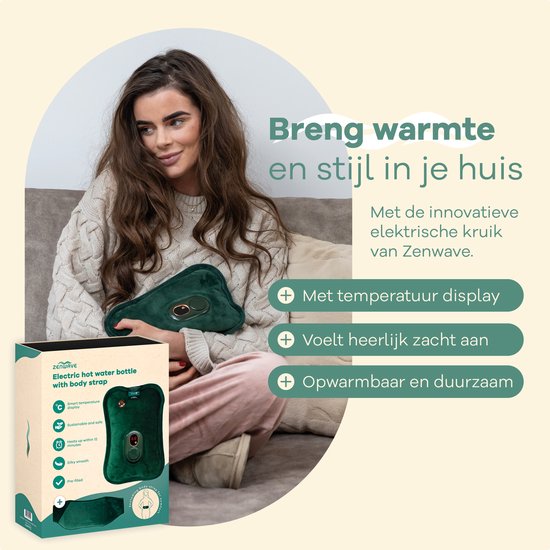 Bouillotte électrique Zenwave avec housse - Écran numérique - Bouillotte et bouillotte à eau avec chauffe-mains - Coussin chauffant rechargeable - Ceinture chauffante pour les règles - Durable et sans fil - Camping et plein air - Bouillotte verte