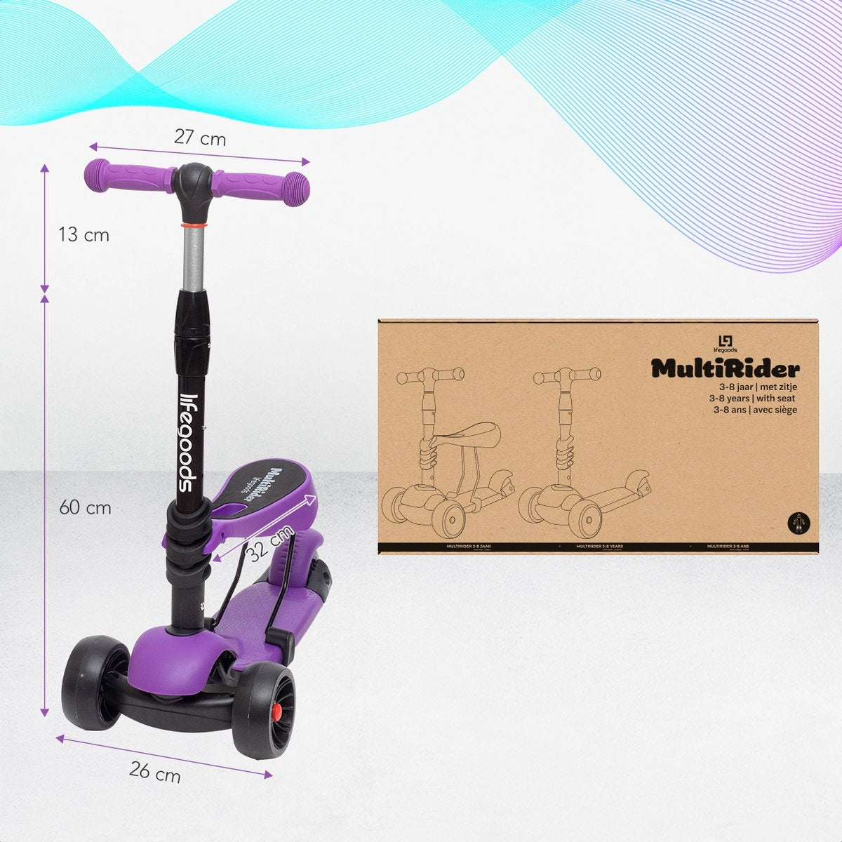 LifeGoods MultiRider Scooter pour enfants - Étape 3-8 ans - Siège réglable - Roues lumineuses - Garçons/Filles - Violet