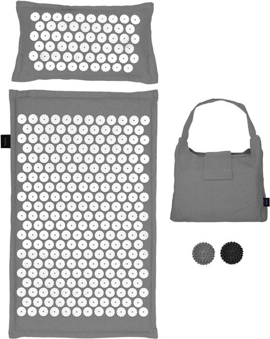 LifeGoods Tapis d'acupression Eco - avec coussin - Tapis Shakti - Tapis pour les ongles avec 2 balles pour les points de déclenchement et sac de transport - 72x43x2cm - Gris/Blanc