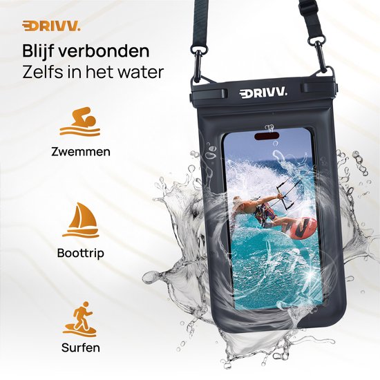 Drivv. Étui de protection étanche de luxe pour téléphone – Flottant – Double fermeture à clip – Éponge supplémentaire – Téléphones jusqu'à 6,8 pouces – Étui de protection sous-marin pour téléphone – Noir