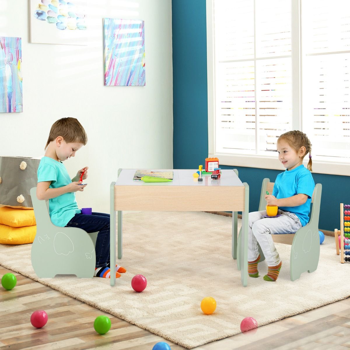 Ensemble de salon pour enfants Coast 3 pièces - Table pour enfants 4 en 1 avec 2 chaises et espace de rangement - vert