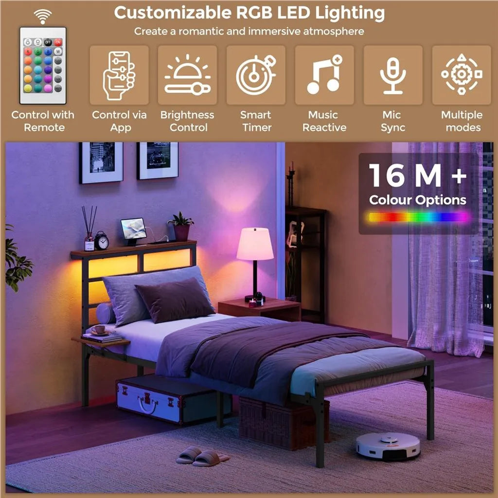 Yaheetech : cadre de lit en métal avec LED et station de recharge, 90 x 200 cm, noir