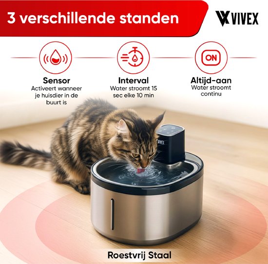 Vivex® Wireless Drinking Fountain - Acier inoxydable - 4,5 litres - Fontaine à eau pour chats et chiens - Avec capteur et batterie - 12 filtres et outil de nettoyage inclus - Silencieux - Filtres supplémentaires
