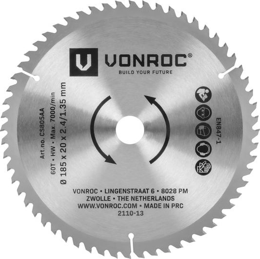 VONROC Lame de scie circulaire - 185x20mm - 60 dents - Convient aux stratifiés - Universelle