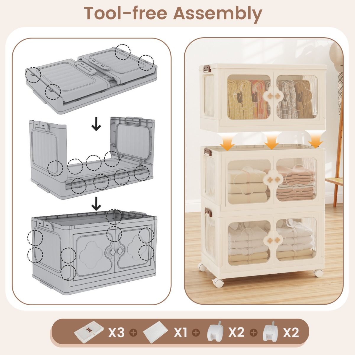 coast Bac de stockage 159L avec couvercle - 59,5 × 35,5 × 99 cm - Blanc - Pliable - Empilable - Avec roues