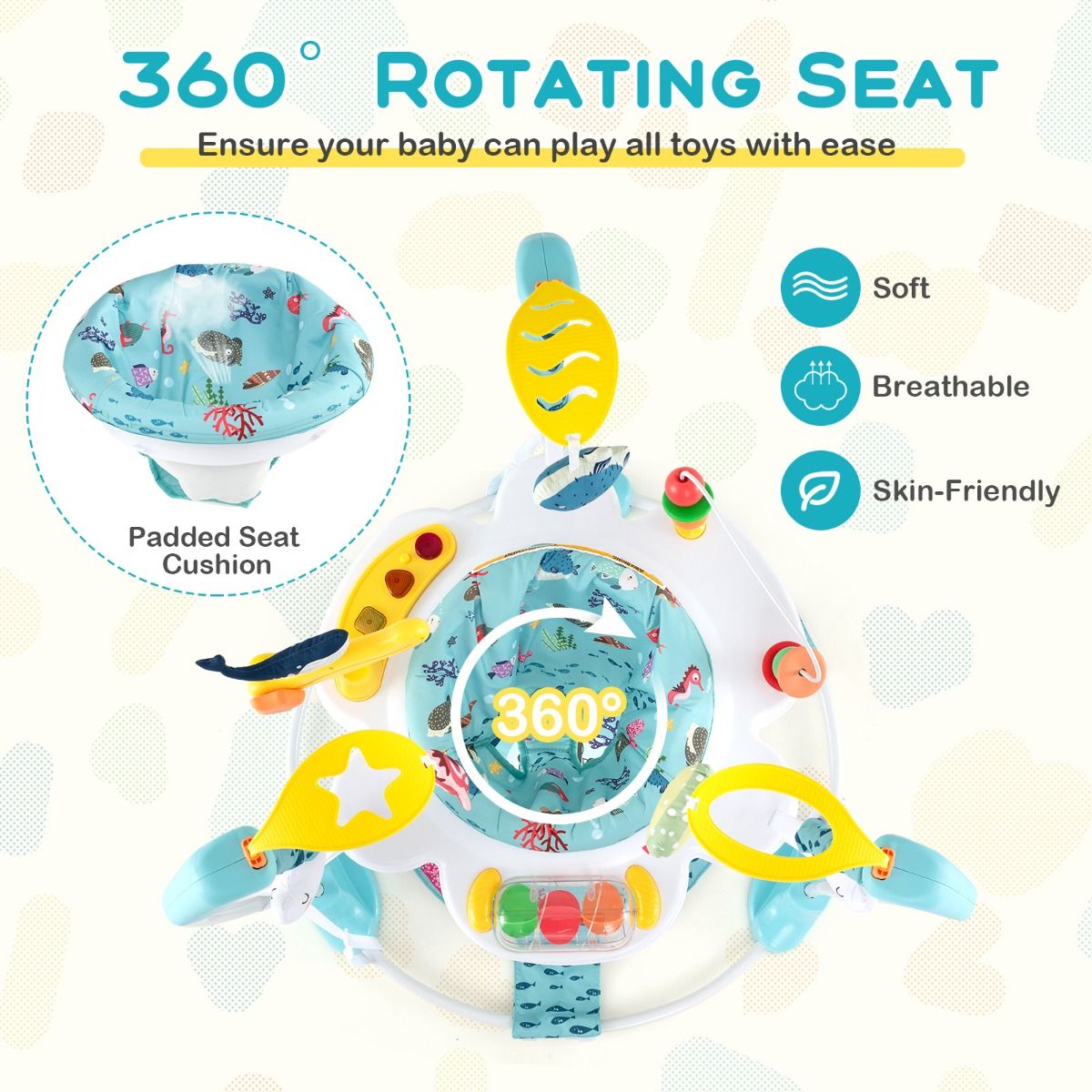 Coast Baby Sky Jumperoo - Light Blue/White - 87x87x94 cm - 3 hauteurs, siège pivotant à 360° et centre de jeu interactif