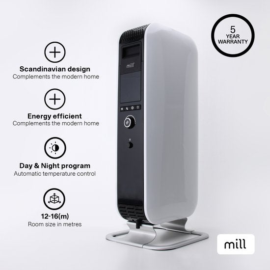 Mill AB-H1000DN - Radiateur à huile design - jusqu'à 16 m² - ne dessèche pas l'air - silencieux - blanc - garantie de 5 ans