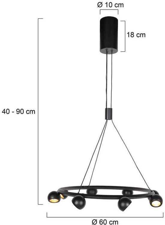Suspension ronde noire à 8 lampes Marcadore, ø 60 cm - Orientable, réglable en hauteur, plastique/métal - Steinhauer