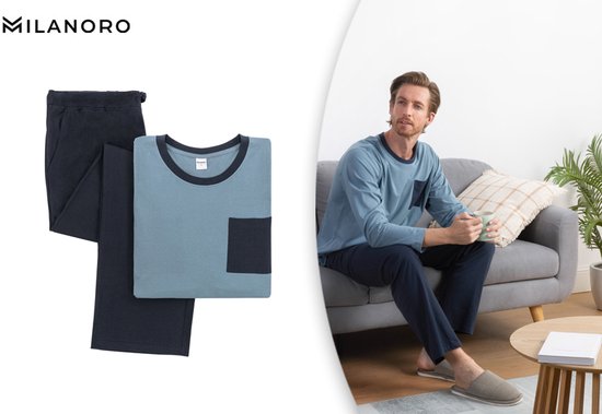 Milanoro - Pyjama homme en coton - Bleu - XXL