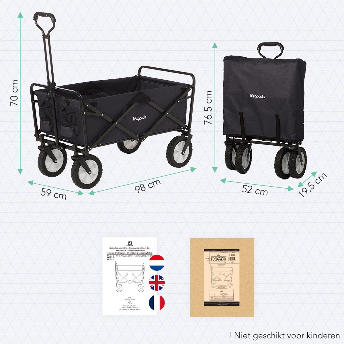 Chariot pliable à roulettes - LifeGoods  - 84 x25x45 cm - MAX 70kg - noir