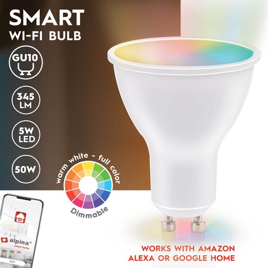 alpina Smart Home RGB Lamp - GU10 - 5W - WW + RGB - Smart Lighting - LED - App Control - Voice Control - Amazon Alexa - Google Home