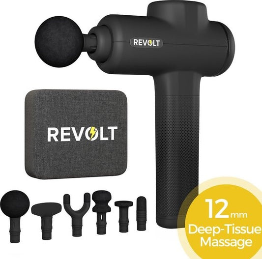Revolt® Luxury Massage Gun - Extra Strong - Pour la récupération musculaire et les blessures - High Amplitude - 6 vitesses différentes - 6 accessoires - Luxury Storage Case