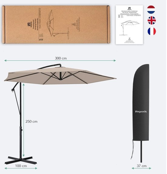 Parasol LifeGoods, Ø300cm, imperméable, avec housse et base en croix, Taupe