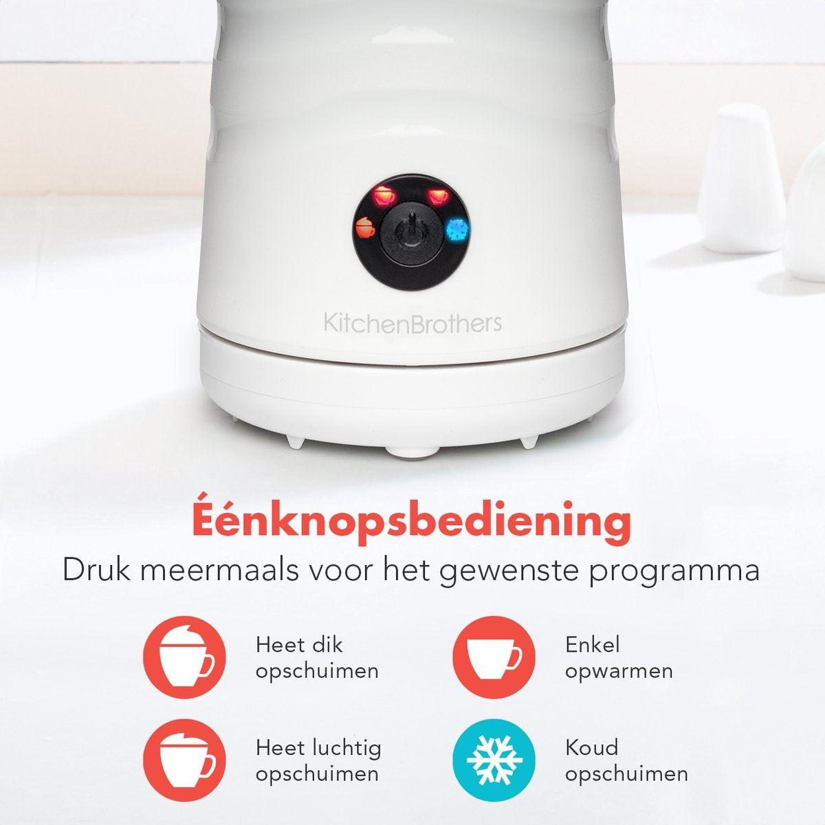 Mousseur à Lait Électrique 4 en 1 KitchenBrothers, 400W avec Chauffe Lait Automatique et 2 Fouets, Capacité de 240 ml, Blanc