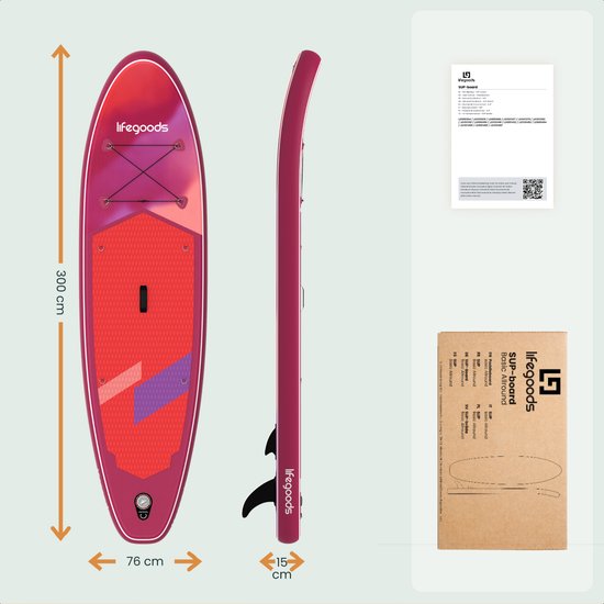 LifeGoods SUP Board All-round Compact - 100 KG Load Capacity - 300 x 76 cm - Inflatable - Complete SUP Package - Red/Lilac