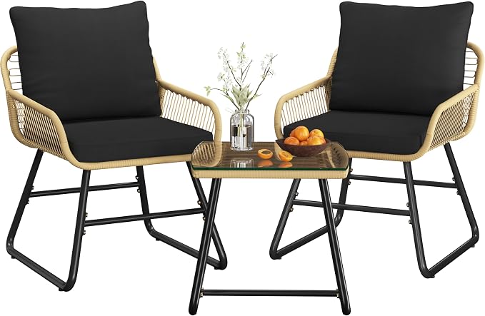 Ensemble de jardin Yaheetech 3 pièces style bistrot - Beige/Noir - Ensemble de jardin en rotin avec table en verre et 2 chaises