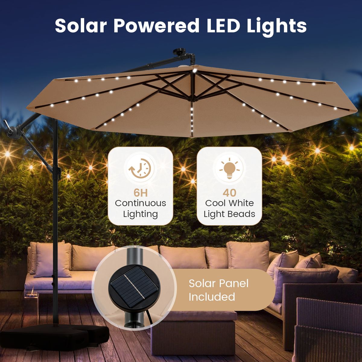 Parasol de terrasse Coast avec éclairage LED à énergie solaire - bras réglable - beige - Ø 350 cm