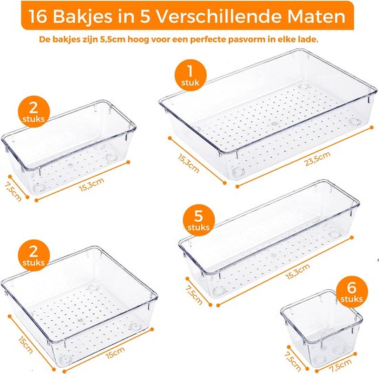 Posity Organisateur de tiroirs - 16 pièces - Plateaux d'organisation - Plateaux de tiroirs - Plateaux de stockage - Organisateur de maquillage - Pour la cuisine, la salle de bain et le bureau - Plastique - Transparent