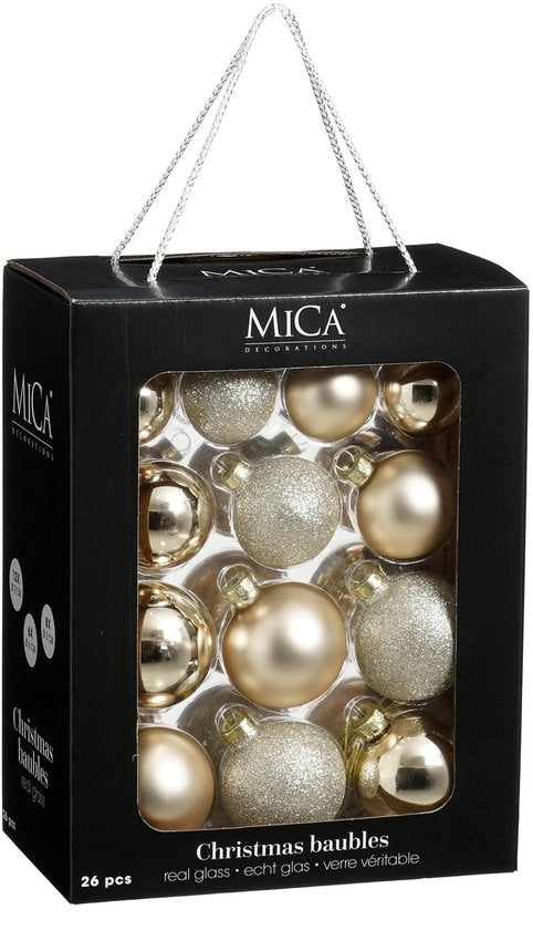 Boules de Noël Mica Decorations - 26 pièces - Décorations de Noël pour le sapin - Ornements brillants et pailletés - Pointes et boules de différentes tailles - Ø 7 cm - Crème