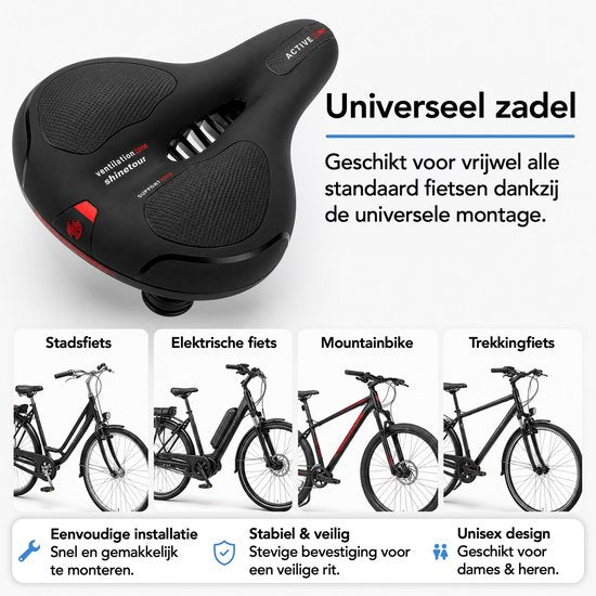 Selle de vélo ergonomique Brixy - Housse de selle incluse - Coussinets en gel et suspension - Réfléchissante - Respirante - Unisexe - Noire