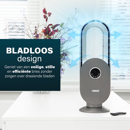 Ventilateur sans pales – 45 W – Oscillant – Minuterie 15 h – Écran LED – Télécommande – Silencieux et puissant – Princess 351500 – Blanc
