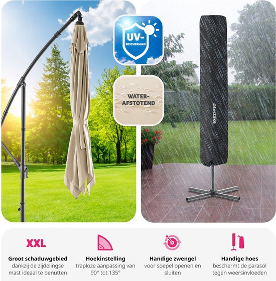 tectake® - Parasol rectangulaire avec housse de protection et manivelle - Parasol flottant - Hydrofuge - Protection solaire pour terrasses, jardins et patios - Parasol de balcon grand format - Parasol de marché - Ø 250 cm - Beige