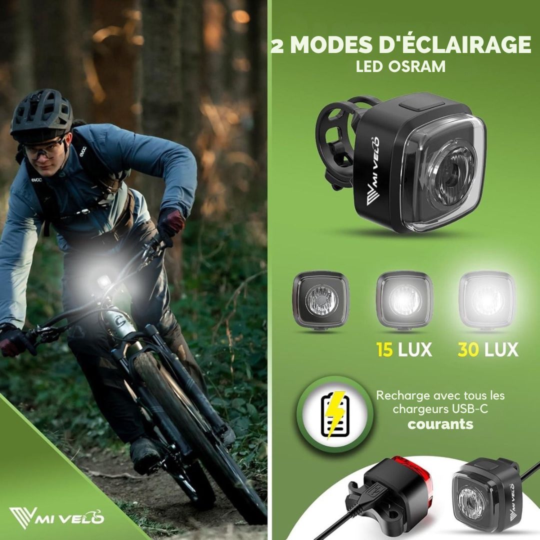 Ensemble de feux de vélo avec indicateur de freinage MIVELO - Feu de vélo LED homologué StVZO et étanche IPX5 - rechargeable via USB -  avec batterie rechargeable - noir
