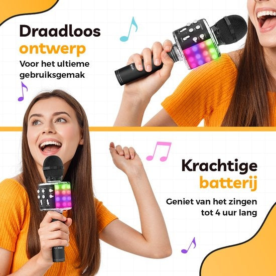 AyeKids 5-in-1 Karaoke Microphone - Sans fil & Bluetooth - Haut-parleur intégré & lumières Disco - Câble AUX inclus - Microphone Kids - Karaoke Set - Noir