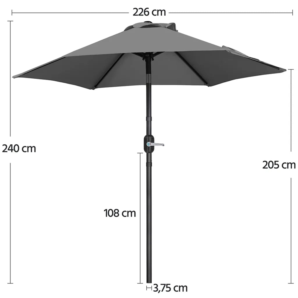 Parasol Yaheetech Ø 226 cm – Gris – 226 x 226 x 240 cm – Avec système de balancement et fonction d'inclinaison