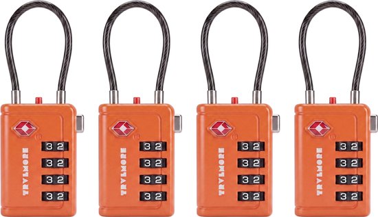 TRVLMORE Cadenas de valise avec câble - Certifié TSA - Fonction alarme - 4 chiffres - Lot de 4 - Orange