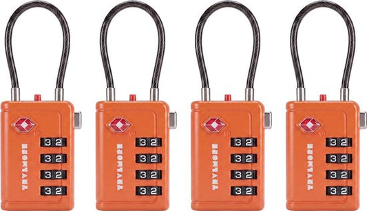 TRVLMORE Cadenas de valise avec câble - Certifié TSA - Fonction alarme - 4 chiffres - Lot de 4 - Orange