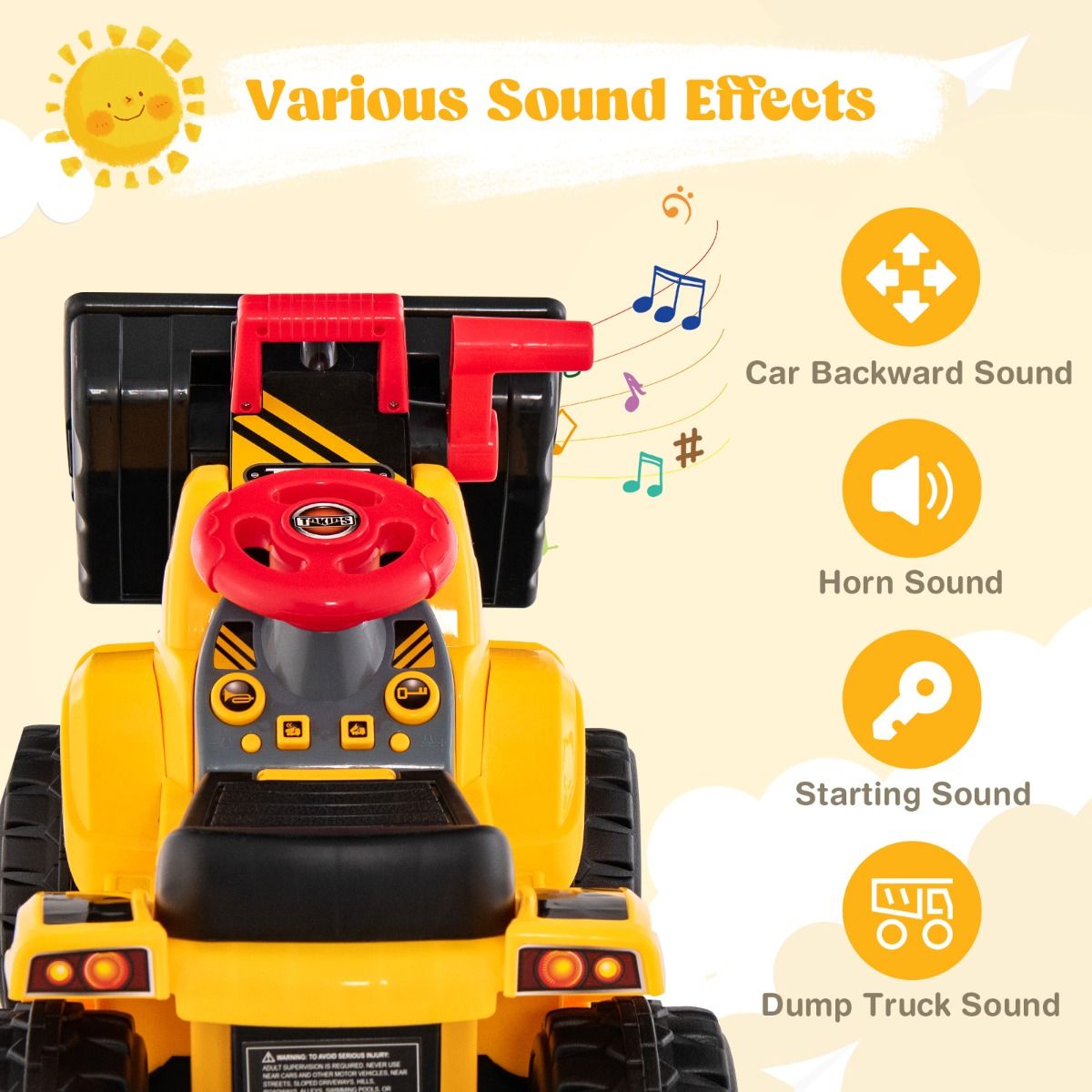 Coast Toy Excavator Électrique - Max. 25 kg - 84 x 35 x 43 cm - Jaune