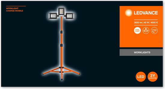 LEDVANCE Lampe de travail LED : pour le sol, WORKLAMP BATTERY STATTERY / 4-,- W, 22-...24- V, angle de rayonnement : 11-, Cool White, 4- K, matériau du boîtier : aluminium/plastique, IP54