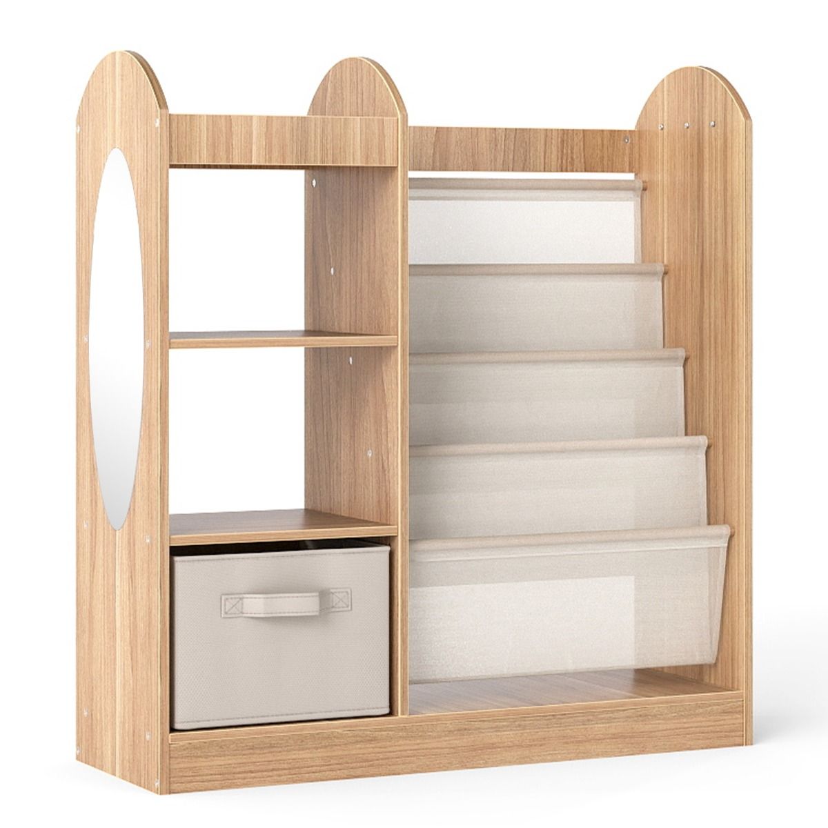 Bibliothèque pour enfants Coast avec miroir en pied - Étagère à 4 niveaux, tiroir en tissu et crochets - Couleur naturelle - 87,5 x 30 x 90 cm