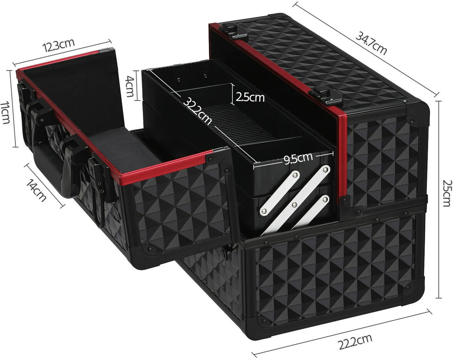 Yaheetech Mallette de maquillage à 3 étages - 34,7 x 22,2 x 25 cm - équipée de cloisons réglables, d'une doublure en velours et d'une serrure à clés - pour les coiffeurs et les esthéticiennes - aluminium noir et rouge
