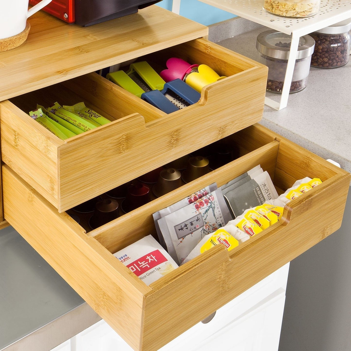SoBuy Porte-capsules avec 2 tiroirs - Bambou - 30 x 18 x 31 cm