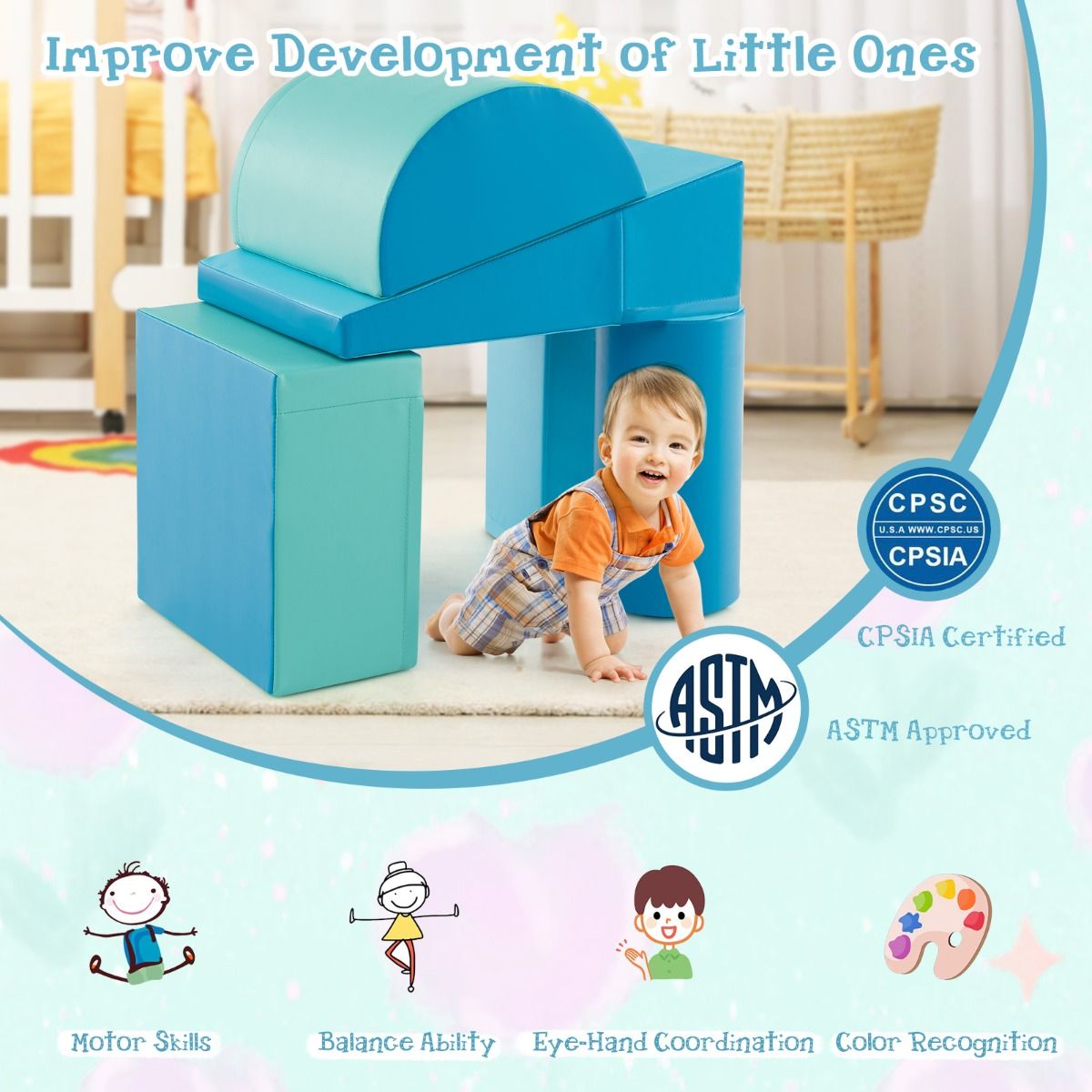 Coast Climbing Blocks Crawl Blocks - Set of 5, Water-resistant, Soft Foam - Various Sizes - PU/EPE Foam - Light Blue
