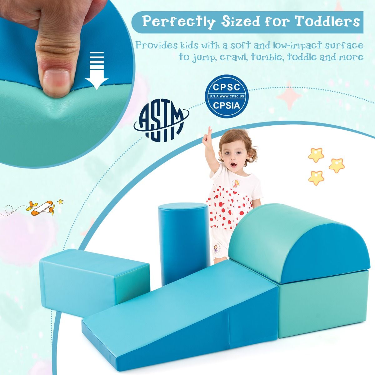 Coast Climbing Blocks Crawl Blocks - Set of 5, Water-resistant, Soft Foam - Various Sizes - PU/EPE Foam - Light Blue