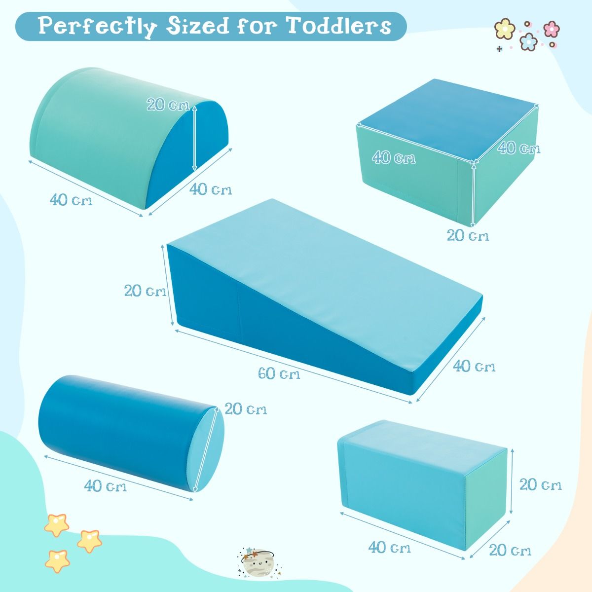 Coast Climbing Blocks Crawl Blocks - Set of 5, Water-resistant, Soft Foam - Various Sizes - PU/EPE Foam - Light Blue
