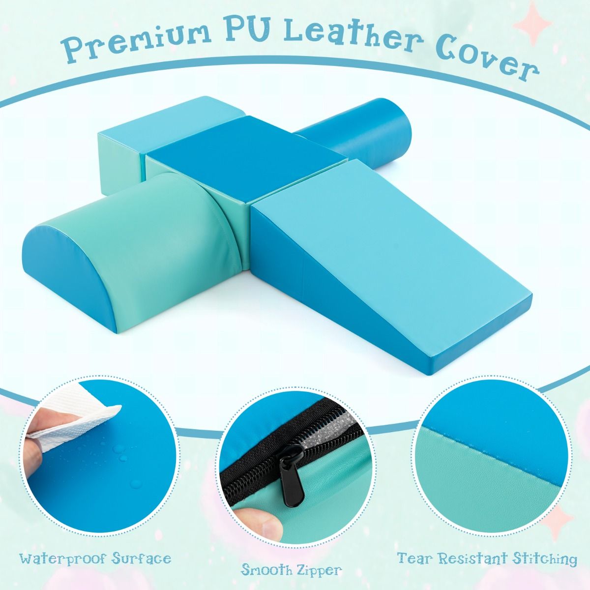 Coast Climbing Blocks Crawl Blocks - Set of 5, Water-resistant, Soft Foam - Various Sizes - PU/EPE Foam - Light Blue