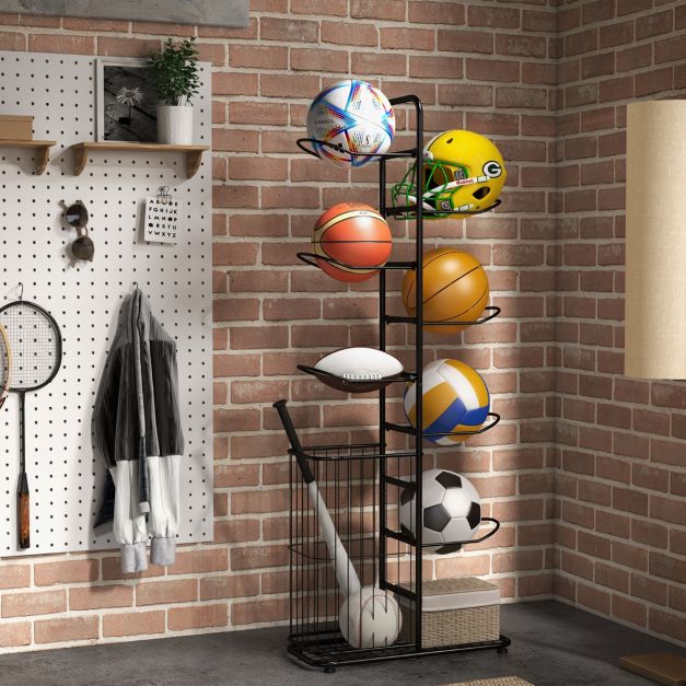 Coast Ball Storage Rack - 7 couches - avec panier latéral - métal - 59 x 24 x 147 cm - noir