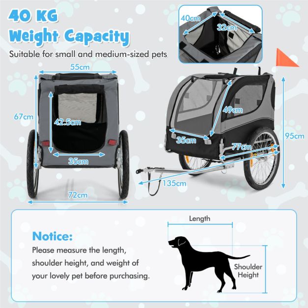 Coast Bike Trailer for Pets | Chariot de transport pliable 135x72x95 cm | Gris | Convient jusqu'à 40 kg
