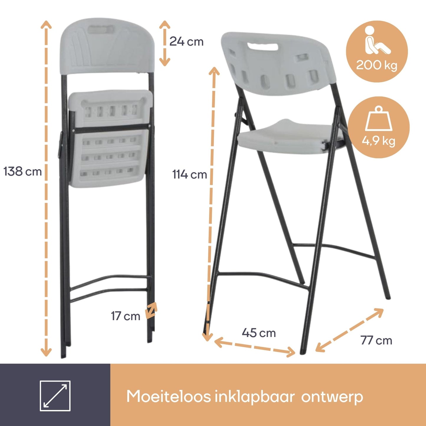 perel tabouret de bar pliable - blanc - 57 x 78 x 114 cm - avec dossier et repose-pieds - pour l'intérieur et l'extérieur - capacité de charge 200 kg