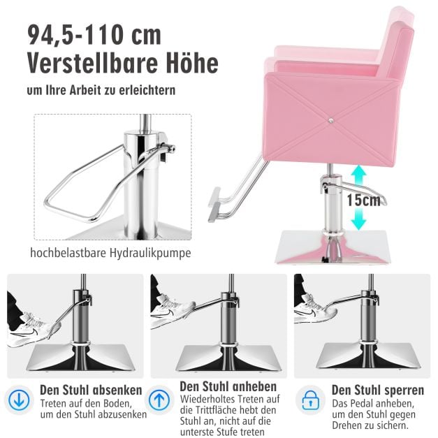 Coast Barber Chair Pink - Chaise de salon hydraulique avec repose-pieds - 63.5 x 79 x 94.5-110 c
